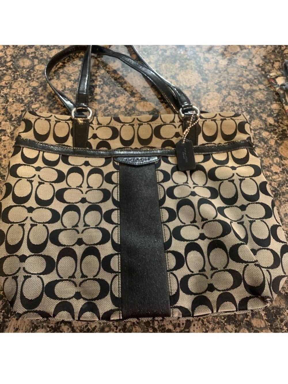 Coach Monogram Canvas Tote in Black and Tan